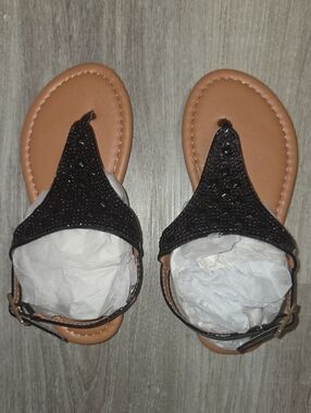 Girls Black Beaded T-Strap Sandals